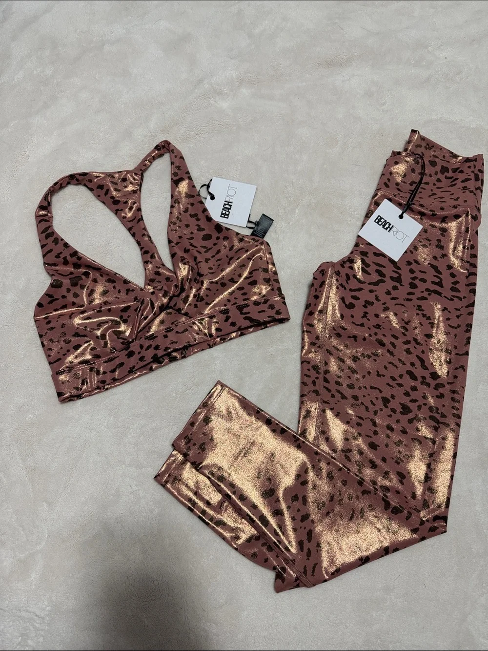 Beach Riot Old Rose Leopard Metallic Sports Bra & Legging Set